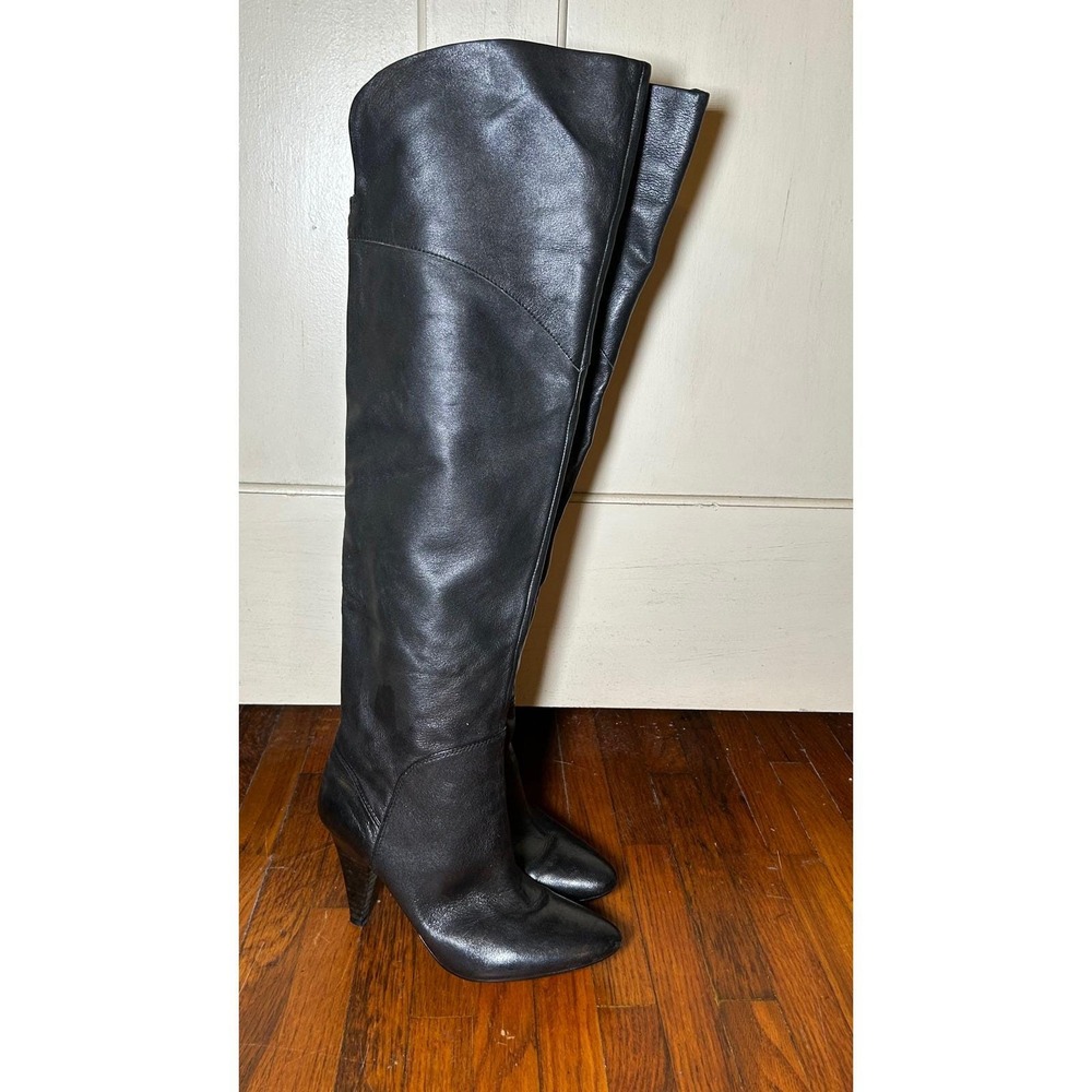 VTG Guess Over The Knee Boots Womens 5M Black Leather High Heel Pointed Toe Edgy